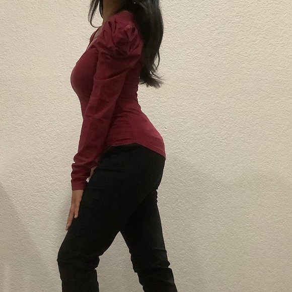 Free People Red Stripe Scoop Neck Leg of Mutton Sleeve Top Womens Small Petite - Picture 10 of 11